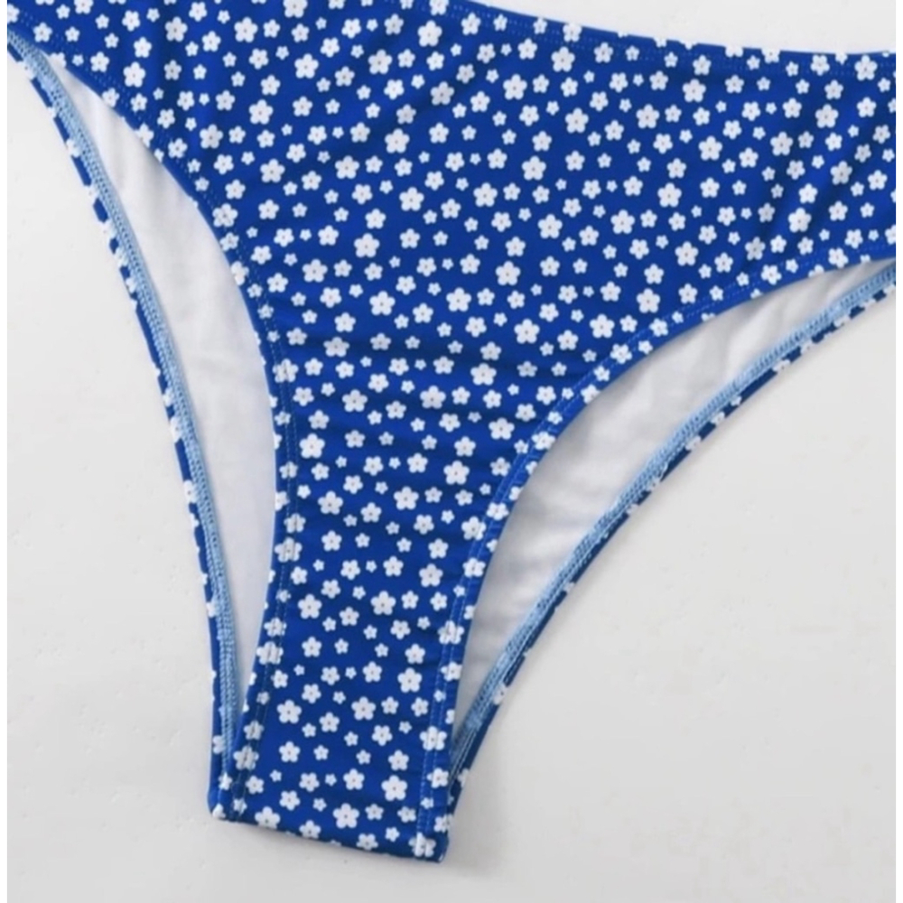 Blue Ditsy Floral Shoulder Ties High Waisted Bikini Set - Picture 5 of 6